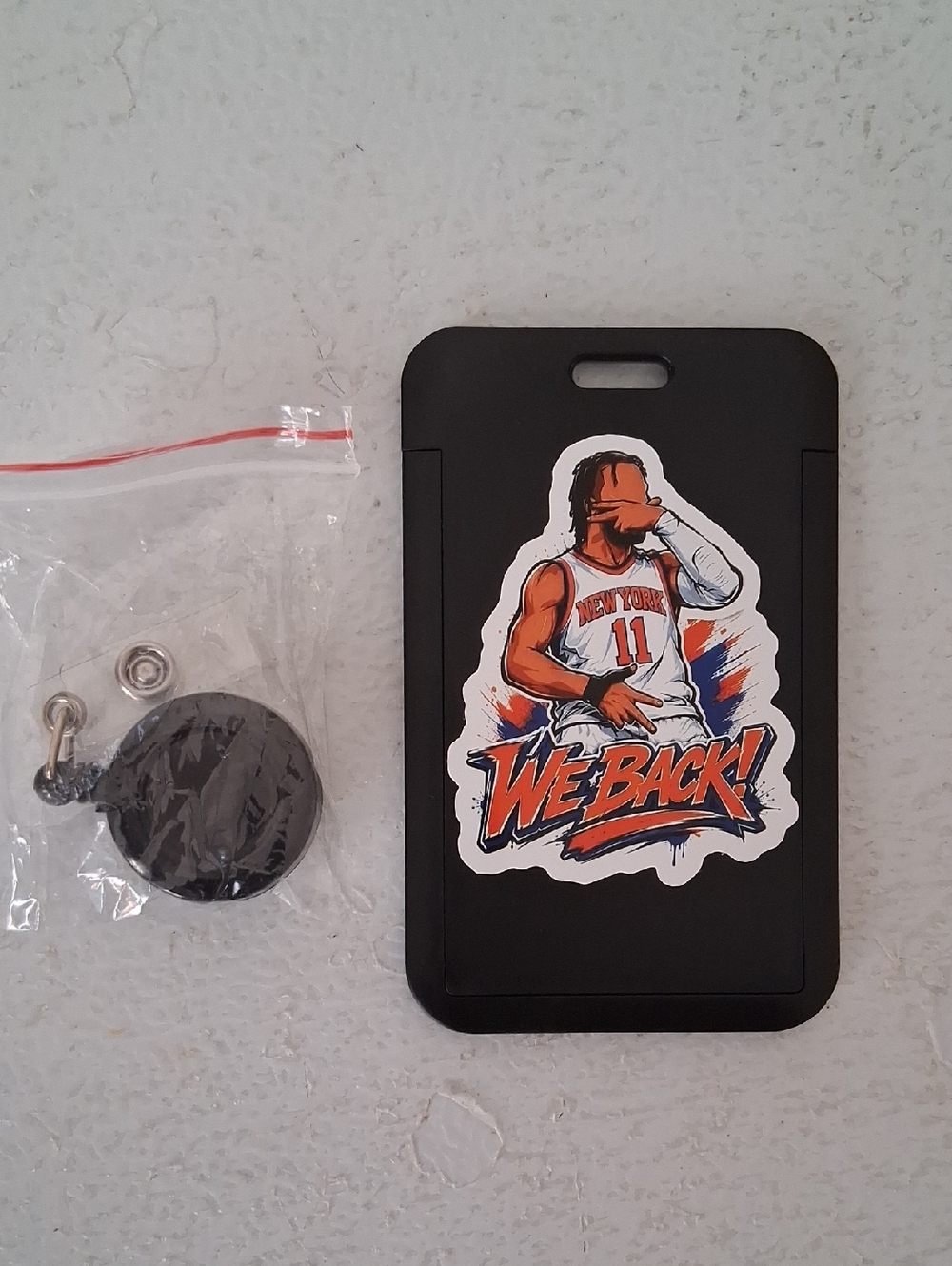 Black ID Badge Holder with 'We Back!' Basketball Graphic
